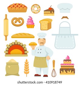 Bakery decorative flat icons set with chef bag of flour tools bread cake pie isolated vector illustration