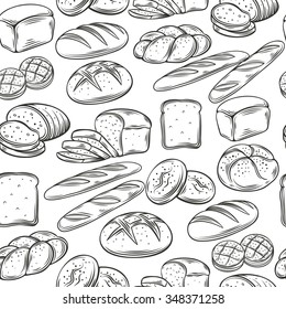 Bakery Decorative Seamless Pattern. Hand Draw Bread. Vector Illustration.