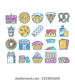 Panadería deliciosa comida de postre Doodle Iconos Set Vector Sketch Line Art Panadería Pretzel y pastel con cereza y nata, cremoso muffin y donut, bollo de pastelería y pan tostado Ilustraciones a color