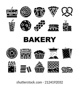 Bakery Delicious Dessert Food Icons Set Vector. Bakery Pretzel And Cake Pie With Cherry And Cream, Creamy Muffin And Donut, Pastry Bun And Bread Toast Glyph Pictograms Black Illustrations