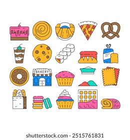 Bakery Delicious Dessert Food Icons Set Vector. Bakery Pretzel And Cake Pie With Cherry And Cream, Creamy Muffin And Donut, Pastry Bun And Bread Toast color Contour Illustrations