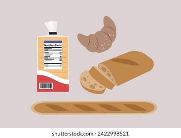 Bakery Delights, a whimsically arranged illustration of freshly sliced bread, a flaky croissant, a long crusty baguette and a package with nutritional facts, all set against a soft pastel backdrop