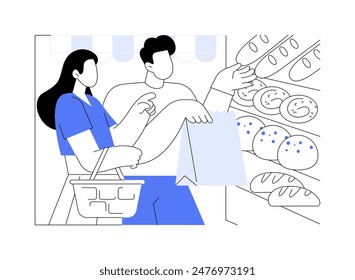 Bakery department isolated cartoon vector illustrations. Happy couple making purchases in grocery store bakery department, specialty food, buying pastry in supermarket vector cartoon.