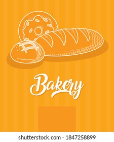 bakery design with breads over orange background, hand draw style, vector illustration