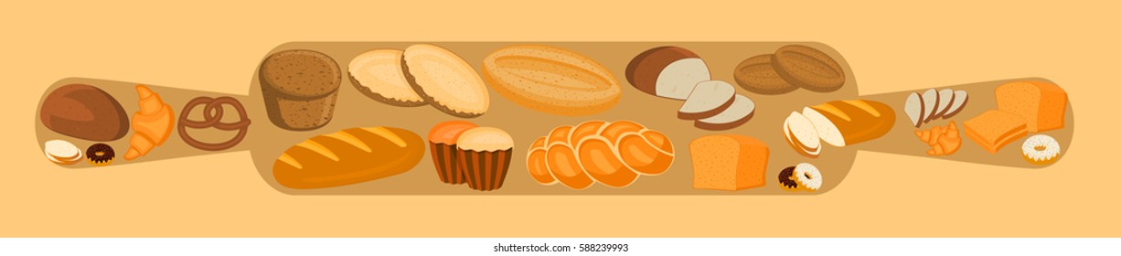 Bakery design concept with rolling pin and bread, sweet bun, cookies, croissant, cake, donut products