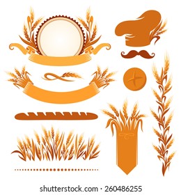 Bakery design elements with copy space. Labels, ribbons and ornaments. Decorations with wheat grain