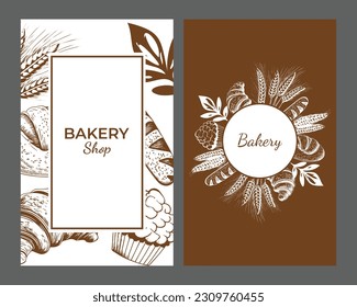 Bakery design poster set. Template for poster, banner, card, flyer. Vector drawing of pastries and bread in different colors. Design elements.