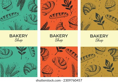 Bakery design poster set. Template for poster, banner, card, flyer. Vector drawing of pastries and bread in different colors. Design elements.