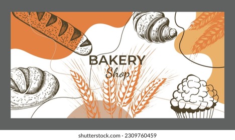 Bakery design poster set. Template for poster, banner, card, flyer. Vector drawing of pastries and bread in different colors. Design elements.