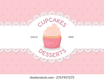 Bakery design template with pink muffin. Cupcake pastry shop background. Vector illustration