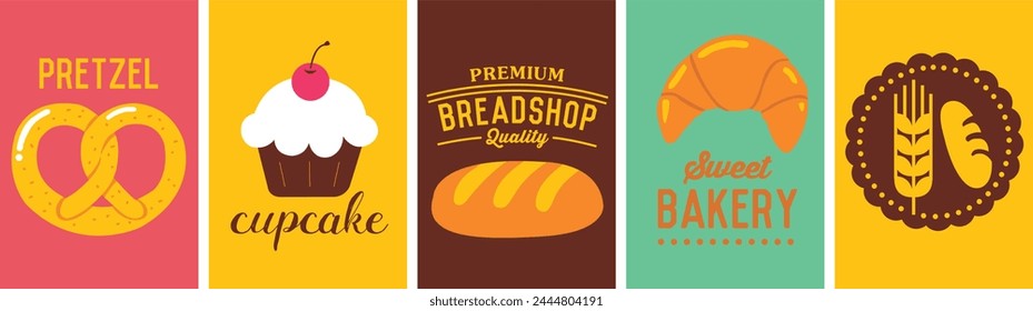 Bakery design template for wallpaper design. Poster, media banner. Set of vector illustrations.