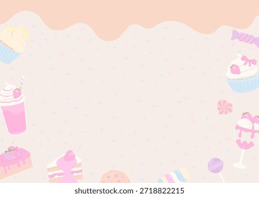 Panadería y fondo de postre. Marco de postre pastel con crema derretida sobre patrón de azúcar.