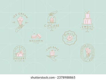 Bakery dessert labels with lettering in art deco style drawing on turquoise background