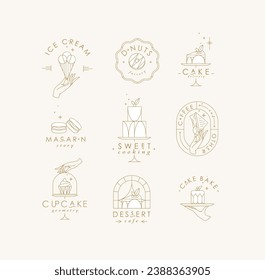 Bakery dessert labels with lettering in art deco style drawing with white on beige background