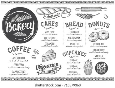 Bakery dessert menu for restaurant and cafe. Design template with food hand-drawn graphic illustrations.