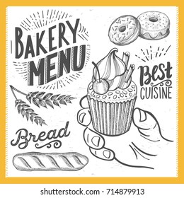 Bakery dessert menu for restaurant and cafe. Design template with food hand-drawn graphic illustrations.