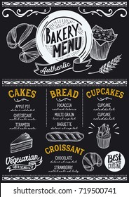 Bakery dessert menu for restaurant and cafe. Design template with food hand-drawn graphic illustrations.