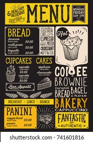 Bakery dessert menu for restaurant and cafe. Design template with food hand-drawn graphic illustrations.