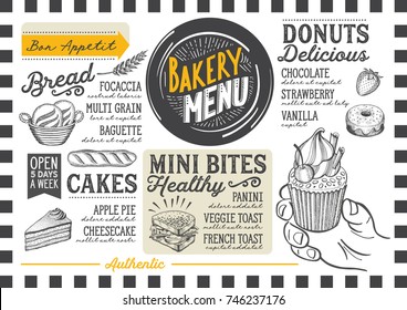 Bakery dessert menu for restaurant and cafe. Design template with food hand-drawn graphic illustrations.