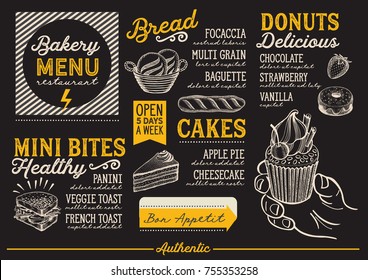 Bakery dessert menu for restaurant and cafe. Design template with food hand-drawn graphic illustrations.