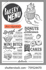 Bakery dessert menu for restaurant and cafe. Design template with food hand-drawn graphic illustrations.