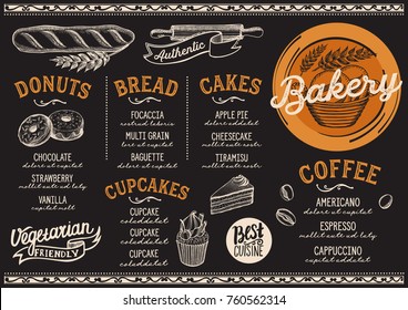 Bakery dessert menu for restaurant and cafe. Design template with food hand-drawn graphic illustrations.