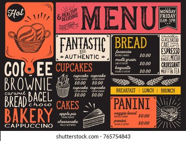 Menu de sobremesa padaria para restaurante e café. Modelo de design com ilustrações gráficas desenhadas à mão de alimentos.