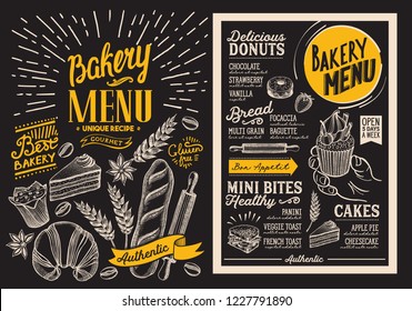 Bakery dessert menu for restaurant. Design template on chalkboard background with food hand-drawn graphic illustrations. Vector food flyer for bar and cafe.