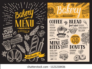 Bakery dessert menu for restaurant on blackboard background. Design template with food hand-drawn graphic illustrations. Vector food flyer for bar and cafe.