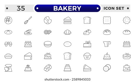 Bakery and dessert outline icon. Contains such Icons as cookie, pudding, oven, kitchen tools, doughnut, bread, macaroon, muffin And Other Elements. customize color, easy resize. 
