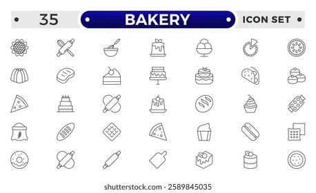 Bakery and dessert outline icon. Contains such Icons as cookie, pudding, oven, kitchen tools, doughnut, bread, macaroon, muffin And Other Elements. customize color, easy resize. 
