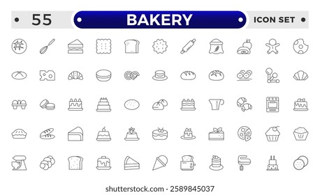 Bakery and dessert outline icon. Contains such Icons as cookie, pudding, oven, kitchen tools, doughnut, bread, macaroon, muffin And Other Elements. customize color, easy resize. 
