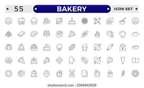 Bakery and dessert outline icon. Contains such Icons as cookie, pudding, oven, kitchen tools, doughnut, bread, macaroon, muffin And Other Elements. customize color, easy resize. 
