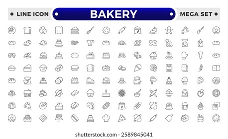 Bakery and dessert outline icon. Contains such Icons as cookie, pudding, oven, kitchen tools, doughnut, bread, macaroon, muffin And Other Elements. customize color, easy resize. 
