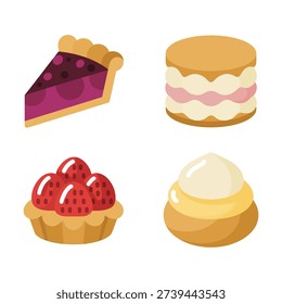 Bakery dessert set with berry pie slice, vanilla cream puff, strawberry tart and soft macaron, sweet food clipart for invitations