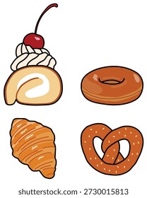Bakery and dessert set with roll cake, donut, croissant, and pretzel. Vector illustration of sweet pastry and bread isolated on white background.