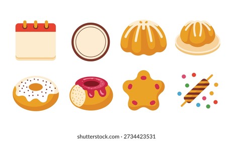 Juego de Vector de postre de panadería con losa de mantequilla, plato, pastel bundt, donut espolvoreado, galleta de estrella, palos de azúcar, ilustración de fiesta dulce