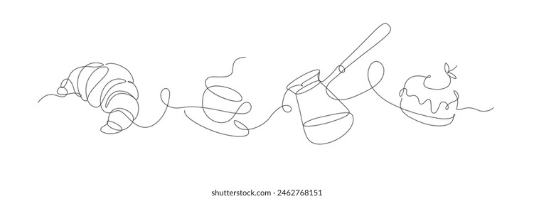 Bakery desserts cake, croissant, coffeepot and coffee cup linear style silhouette drawing on white background