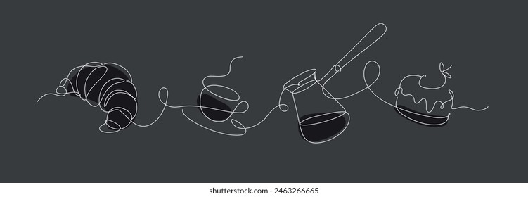 Bakery desserts cake, croissant, coffeepot and coffee cup linear style silhouette drawing on black background