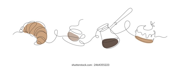 Bakery desserts cake, croissant, coffeepot and coffee cup linear style silhouette drawing with color on white background