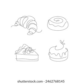 Pastel de postres de panadería, croissant, cupcake, dibujo de iconos de bollos en estilo lineal sobre fondo blanco