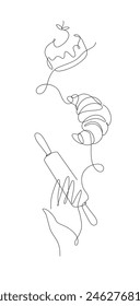 Bakery desserts cake, croissant and rolling pin linear style vertical silhouette drawing on white background