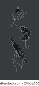 Bakery desserts cake, croissant and rolling pin linear style vertical silhouette drawing on black background