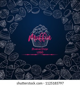 Bakery desserts and cakes icons for pastry or patisserie menu template. Chocolate biscuits, ice cream and muffins, pudding and torte pies, cheesecake, cookies, french macaroons, mousse cake, croissant