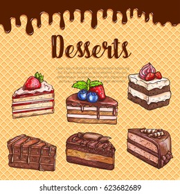 Bakery desserts and cakes vector sketch poster. Pastry sweet cheesecake biscuit, chocolate brownie torte and charlotte pies with cherry and berry topping on wafer background for patisserie design