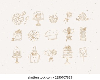 Bakery desserts and kitchen appliances in hand drawing style on beige background.