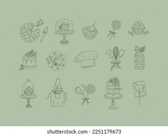 Bakery desserts and kitchen appliances in hand drawing style on green background.