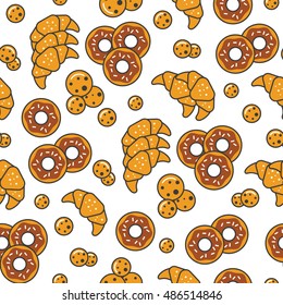 Bakery and Desserts Line Art Thin Vector Seamless Pattern Background with Croissant, Cookies