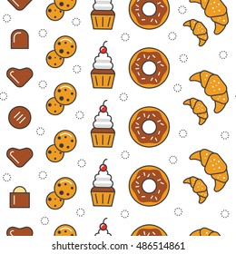 Bakery and Desserts Line Art Thin Vector Seamless Pattern Background with Croissant, Cookies