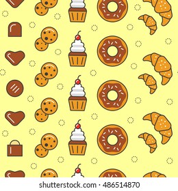 Bakery and Desserts Line Art Thin Vector Seamless Pattern Background with Croissant, Cookies